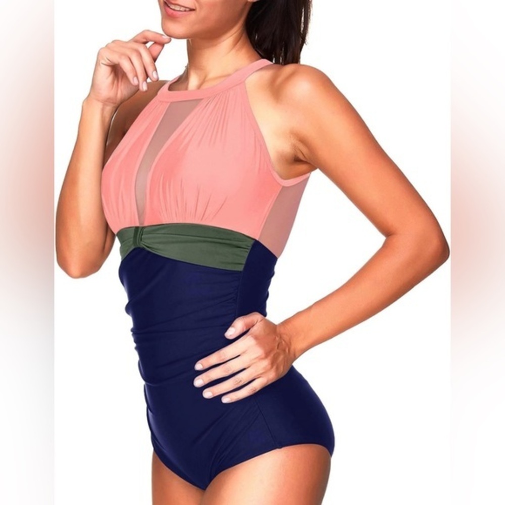 Women One Piece Swimsuit High Neck Plunge Ruched Tummy Control Bathing Suit